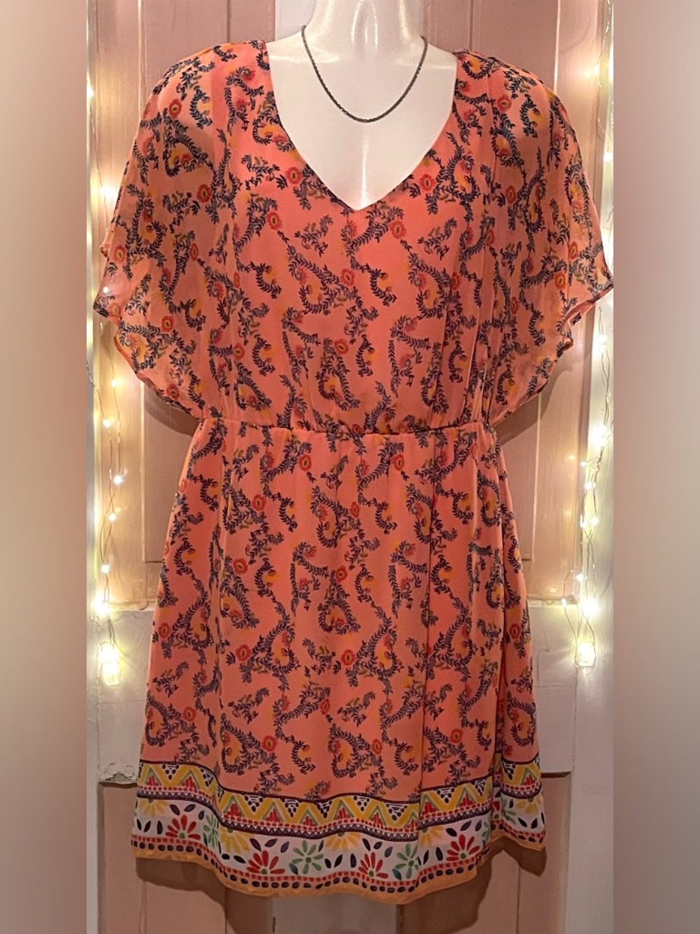 Coral Orange Floral Border Short Dress pink Owl
